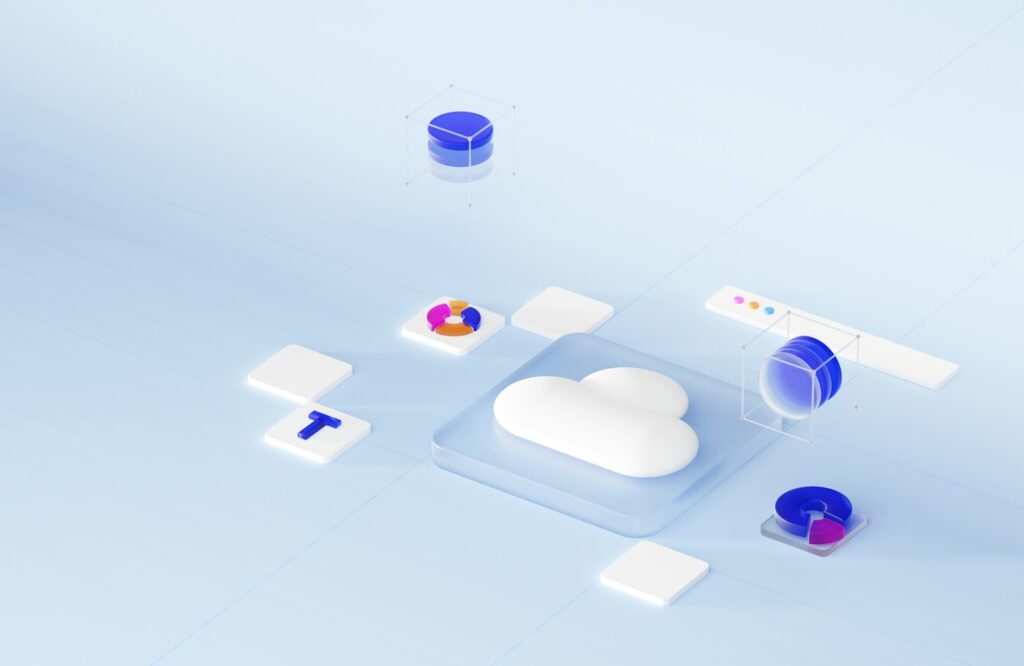 Cloud icon with floating data panels
