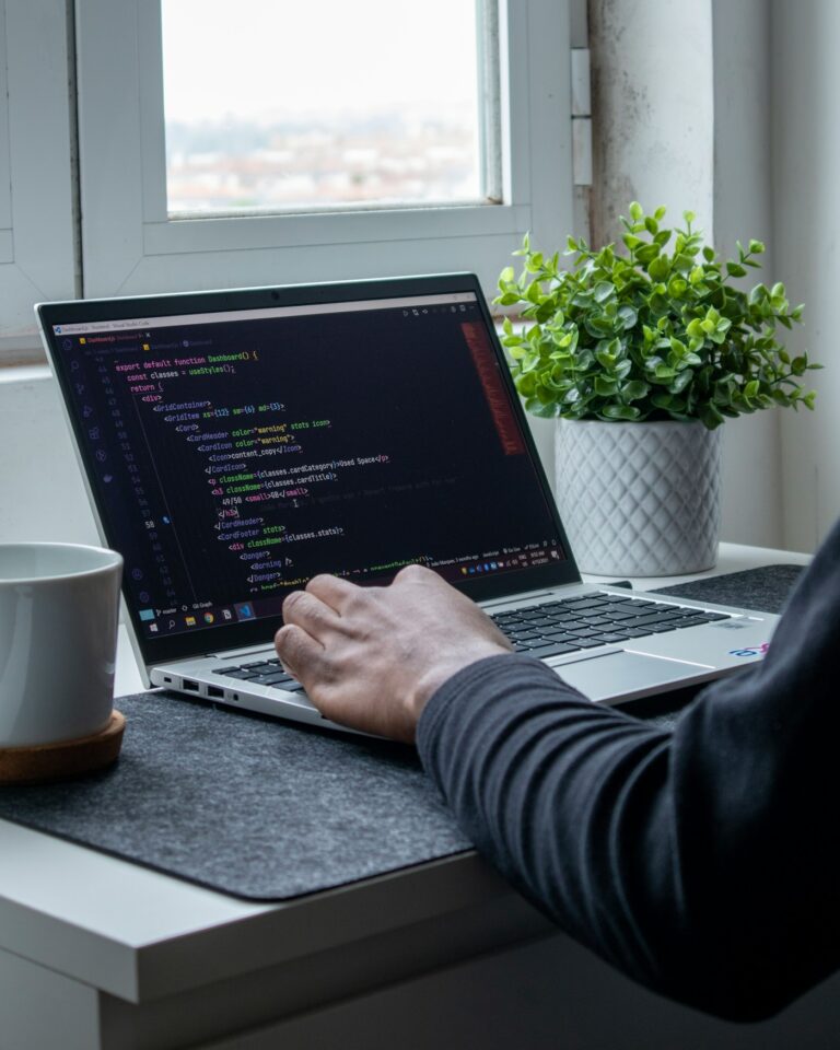 Developer writing code on a laptop beside a plant