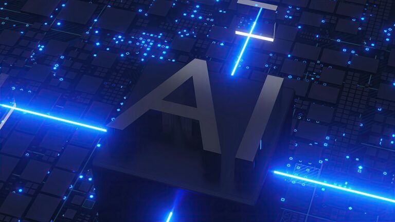 Glowing blue AI chip on a circuit board